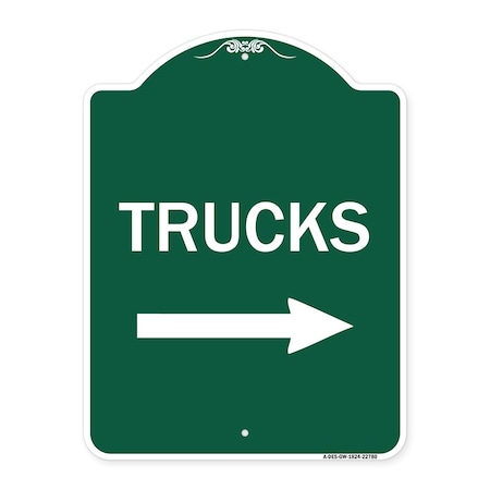 Signmission Trucks Sign Trucks W/ Right Arrow, Green & White Aluminum Sign, 18" x 24", GW-1824-22780 A-DES-GW-1824-22780